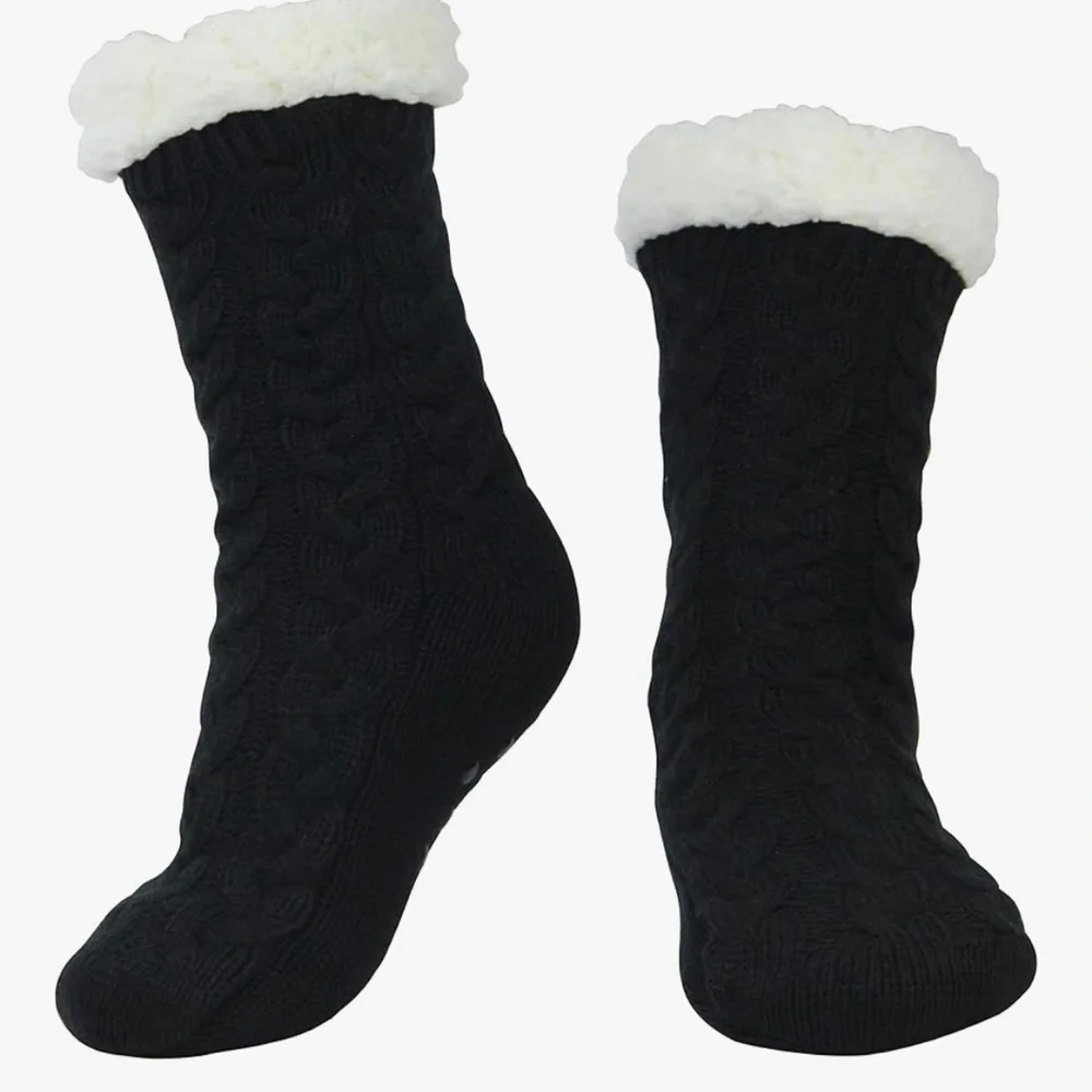 Cozy Black Knit Socks with White Fleece Lining Non Slip